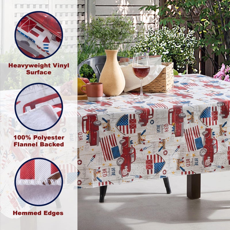 Newbridge Rectangle Vinyl Tablecloth with Flannel Backing, 52 x 70 Inch, Patriotic Truck, Indoor Outdoor Waterproof Vinyl Table Cloth, American Celebration Red Trucks and Flags - Image 4